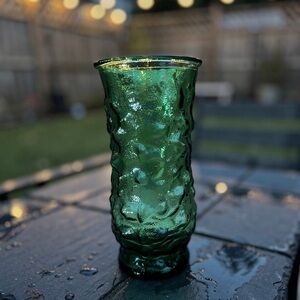 Vintage E. O. Brody Co. Cleveland Ohio Green Crinkle Glass Vase standing at 8.5"